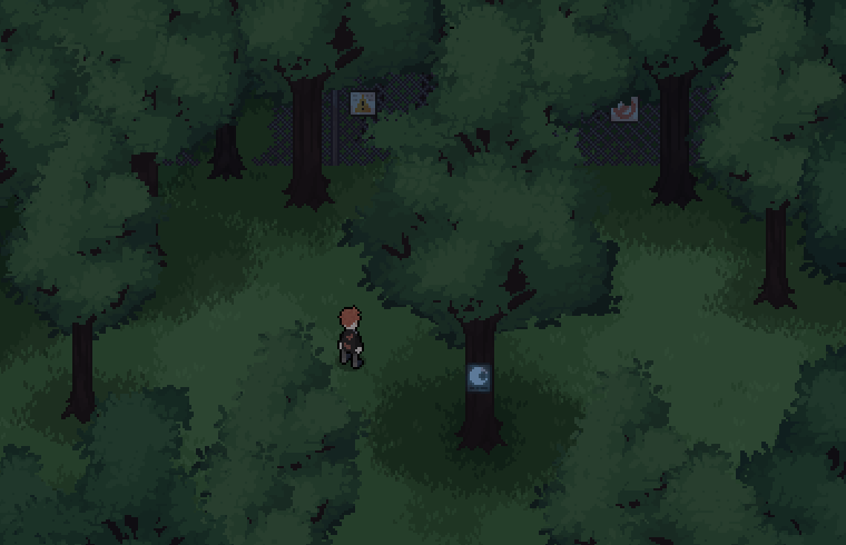 a development screenshot of Elias standing in a forest with metal fencing blocking off the treeline